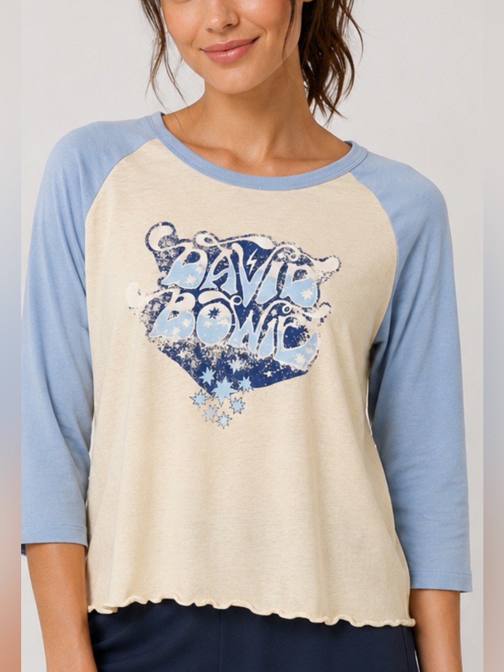 David Bowie Midnight Rider Raglan Baseball Tee Blue Cream L - Picture 2 of 7